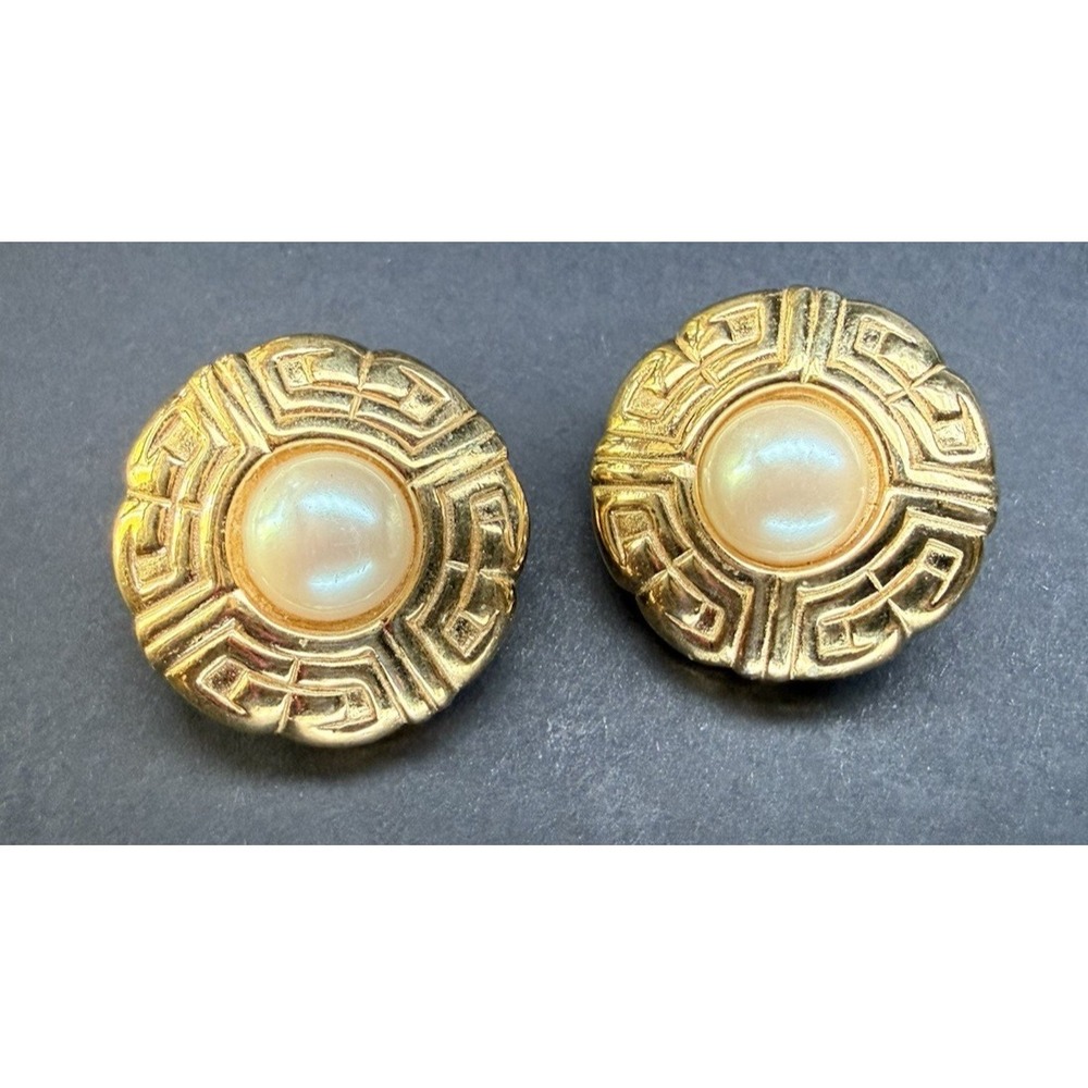Vintage Givenchy Round Faux Pearl GG Logo Clip-On Earrings Gold Plated